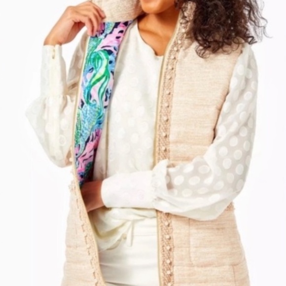 Lilly Pulitzer Noella Vest Ivory Gold Glitter Pearls Down Insulated Size XS - Picture 1 of 6